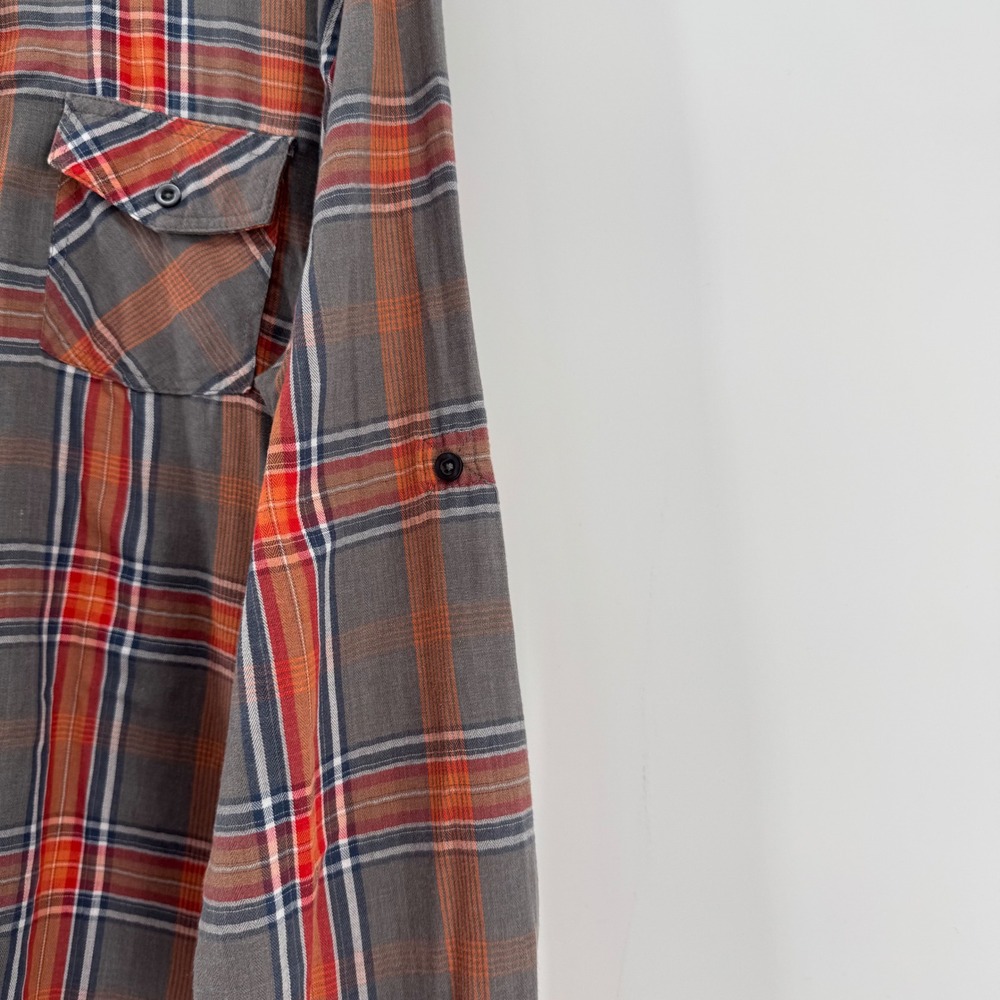 Carbon Mens Slim Fit Plaid Button Down Shirt Gray Orange Red Large RN 70829 - Picture 5 of 9